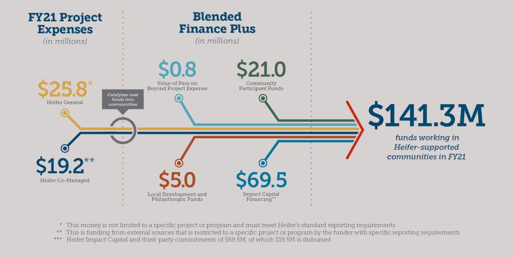 Infographic. Project funds of 25.8 million in general funds and 19.2 million in co-managed funds make up the Project funds. These are converted into Catalytic Funds, which make up the majority of total funds and include 0.8 million in value of pass-on beyond the project expense, 21 million in community participatory funds, 5 million in local development and philanthropic funds for communities, and 69.0 million in impact ventures and financing.
