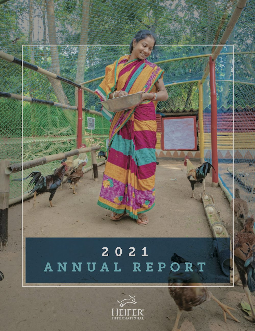 A woman sorts through vegetables. The top of the photo says, “2020: Annual Report.” 