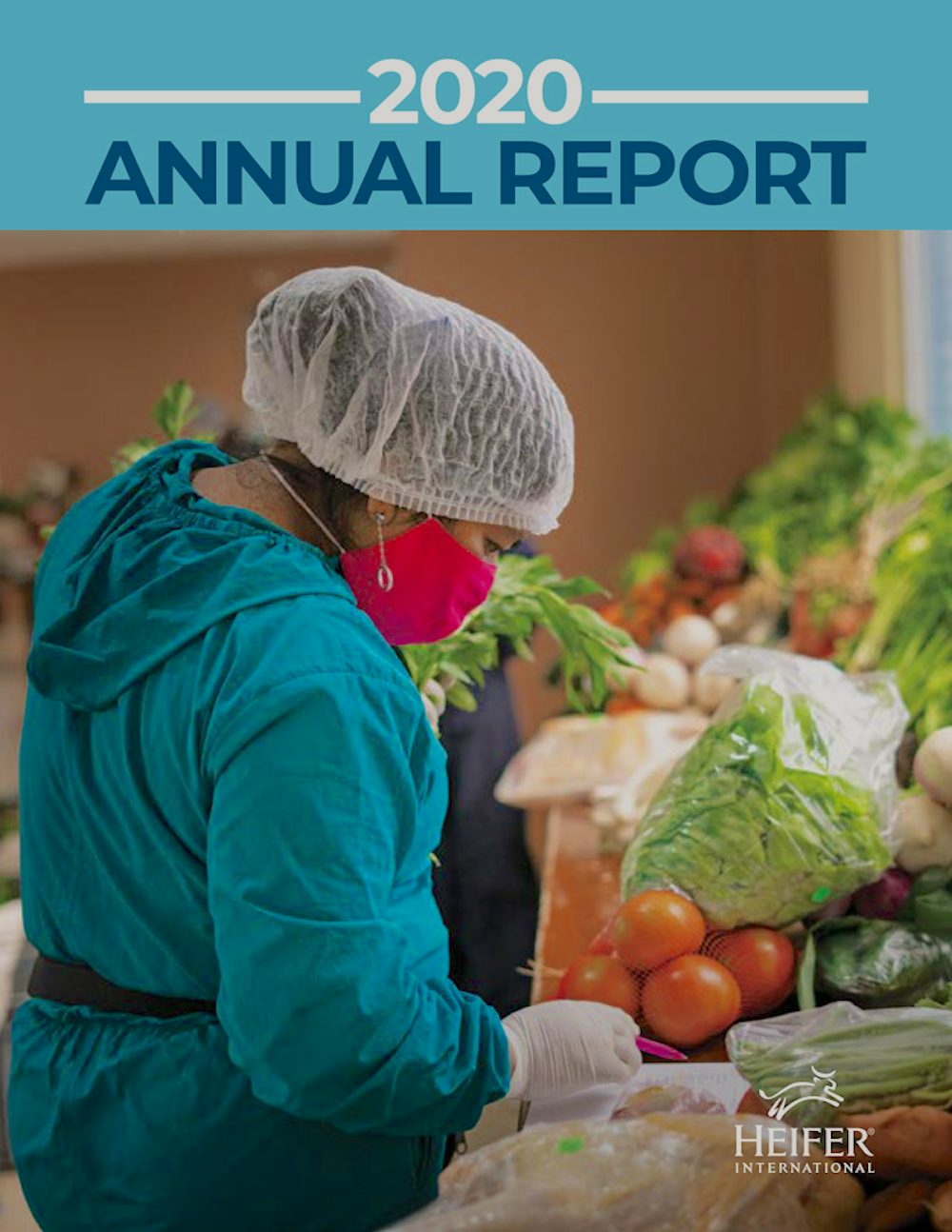 A woman sorts through vegetables. The top of the photo says, “2020: Annual Report.”