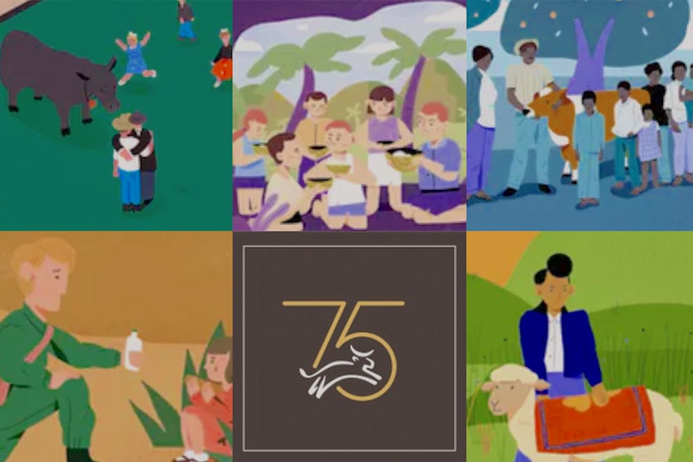 Collage of illustrations from history videos with the 75th anniversary logo.