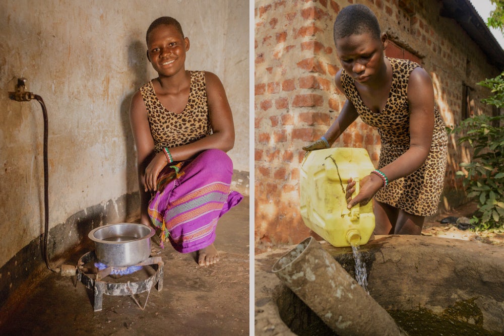  Left, Linda cooks using a gas heater fed by her family's biogas system, which runs on cow manure. Right, Linda pours water in her family's biogas system.