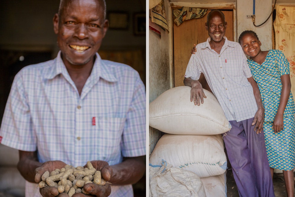 Left, Patrick and his daughter Precious with bags of rice their family harvested from their farm. Right, Patrick holds a handful of peanuts his family harvested from their farm.