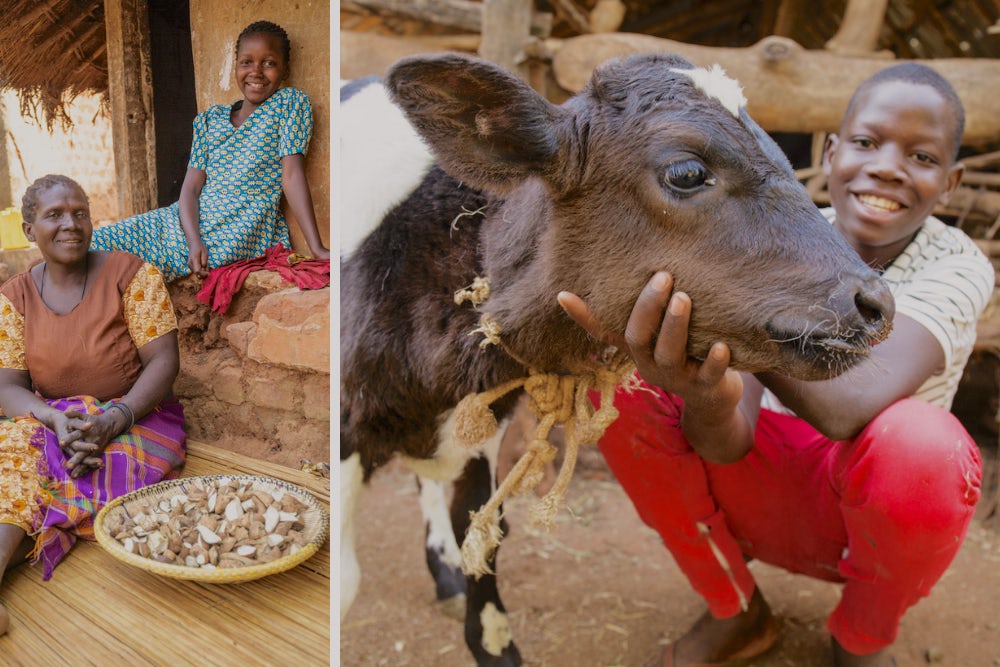  Left, Precious sits with her mother Bisentina next to a plate of sweet potato scraps they use to feed their cows. Right, Emmy with one of the family's calves.