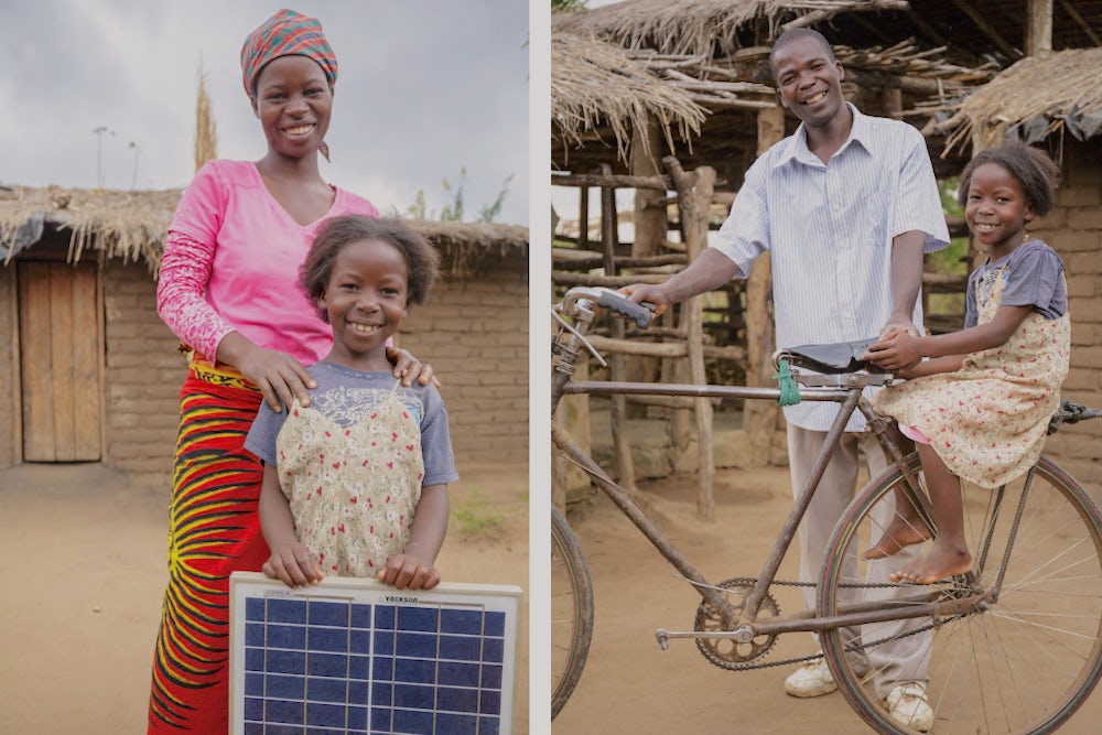 (左)甘油和朱莉塔和他们家因牛奶销售而购买的太阳能电池板合影。(右)Chinzimu和Julita炫耀他们家因为卖牛奶而买的自行车。