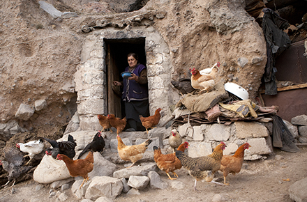 woman feeds chickens outside a cave