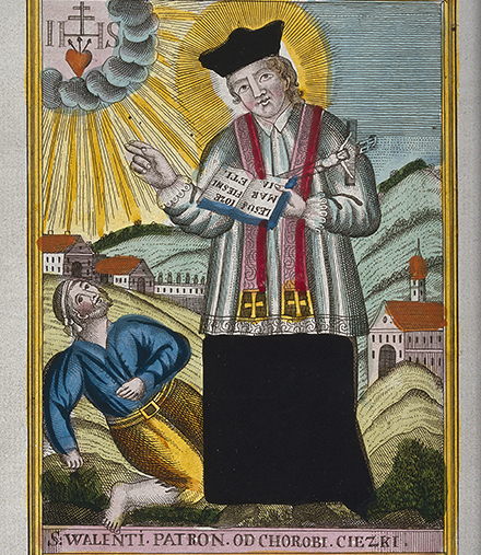 In addition to love and honeybees, Saint Valentine is the patron saint of epilepsy. He is shown here blessing someone having an epileptic seizure. 