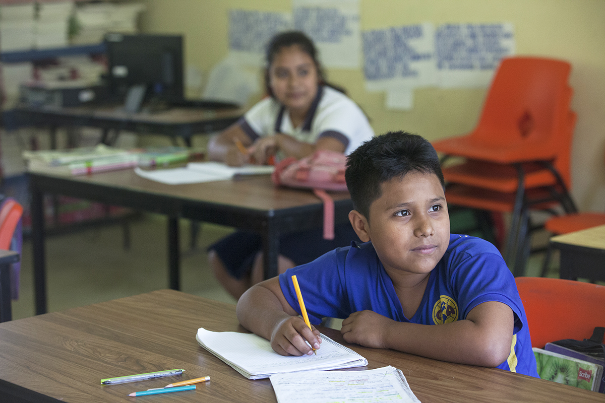 A young boy looks intently as he takes notes in a classroom.