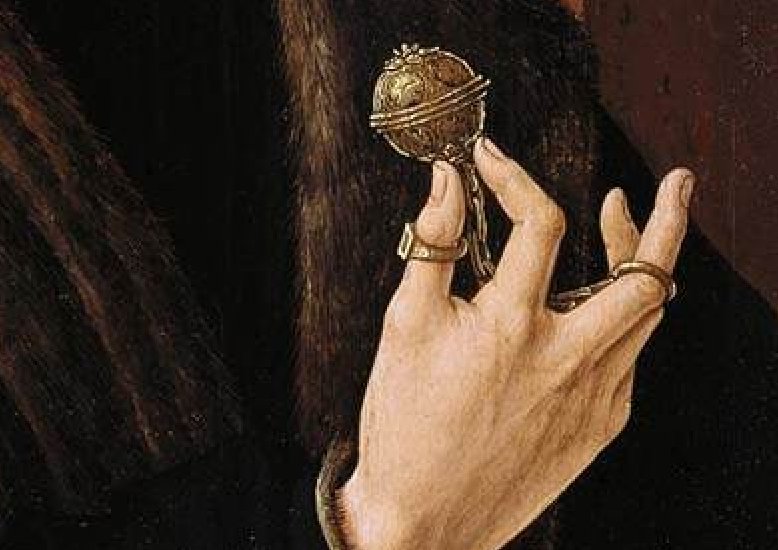 Painting of a hand holding a medieval pomander.