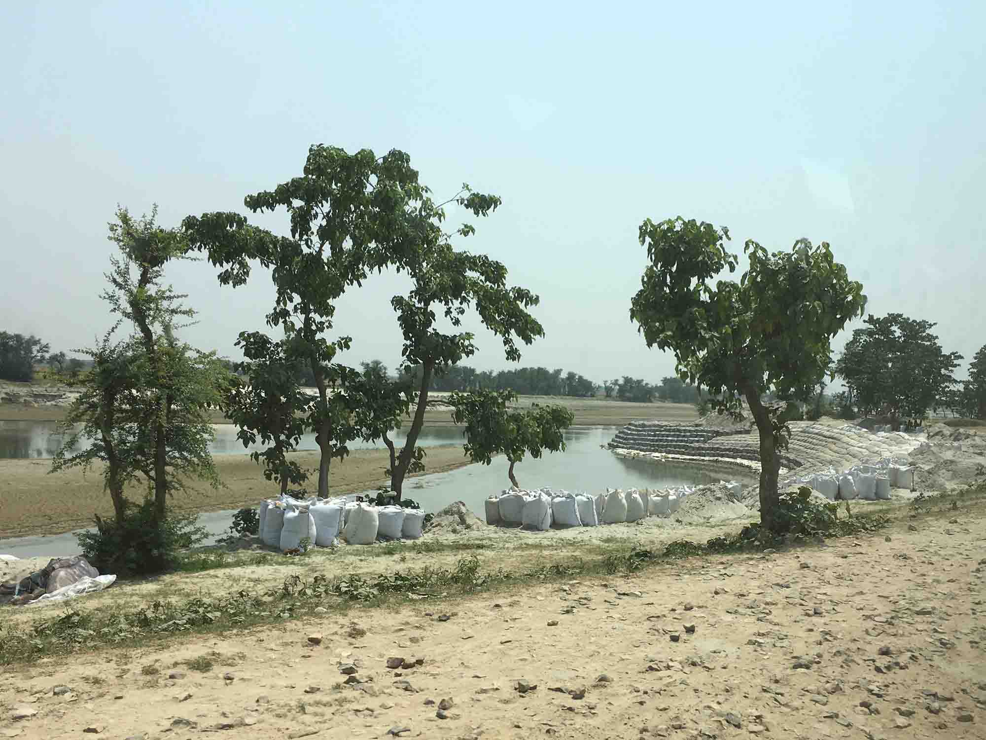 Sandbags line the banks of the Kosi river and its tributaries in anticipation of monsoon season.