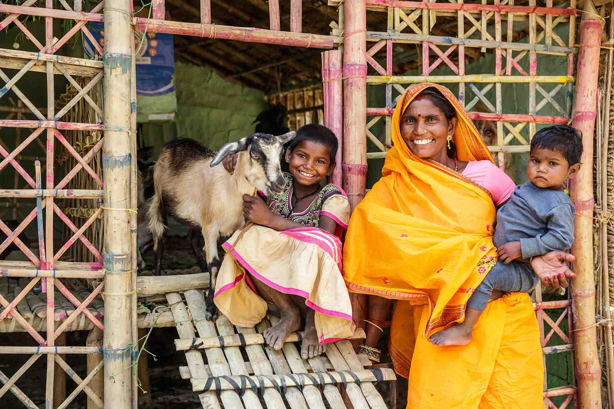 Sharada Devi, 48, and her daughters Nirmal Kumar, 8, and Manisha Kumar, 2, next to their family's goat pen.