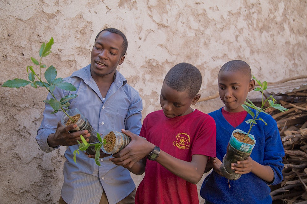 Mr. Moyo and Frederick examine seedlings to make sure they are growing well. Irene looks on with some trepidation.