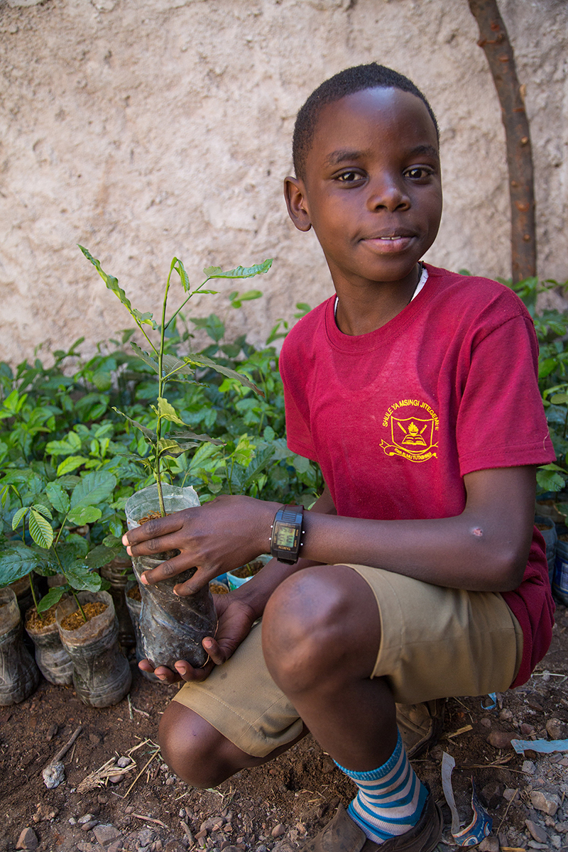 Frederick holds one of his tree seedlings.