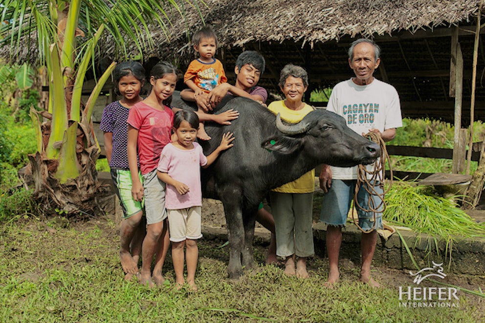 Vistacion and her husband Paquito, along with their grand children, take a photo with the family water buffalo.