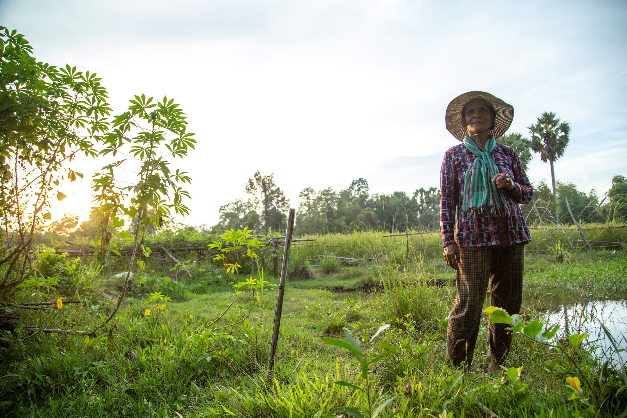 Ouk Sokrn stands amongst her fram's green landscape.