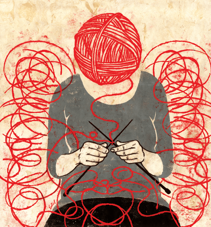 An illustration of a person sitting crossed-legged and knitting, with a red yarn ball for a head.