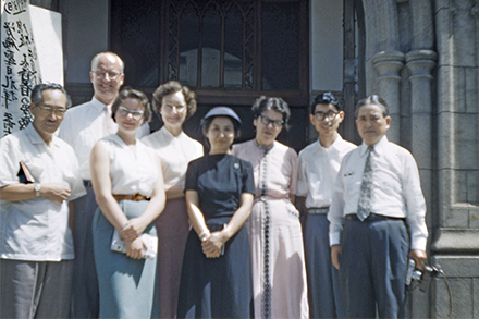 Donald and Kathy Baldwin pose with members of the Union Church in Japan.