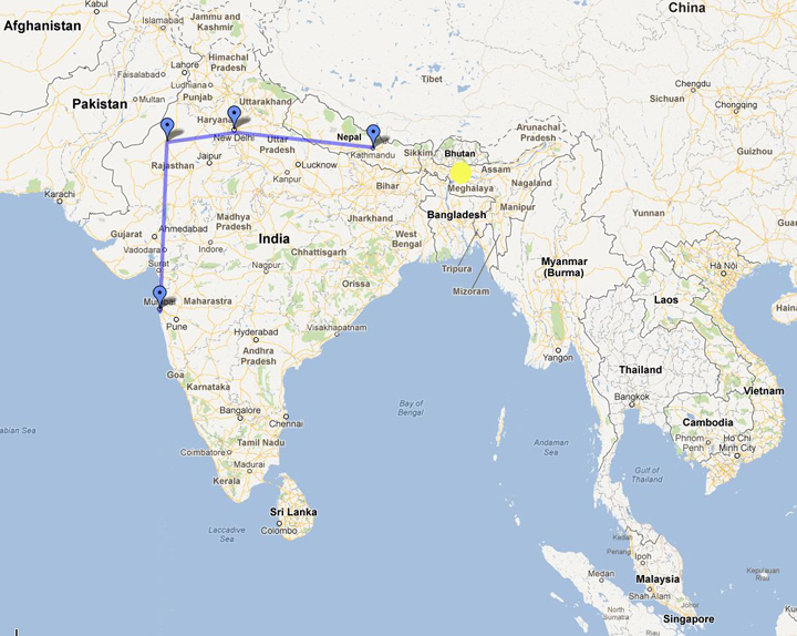 Locations in India where Heifer CEO, Pierre Ferrari, traveled.