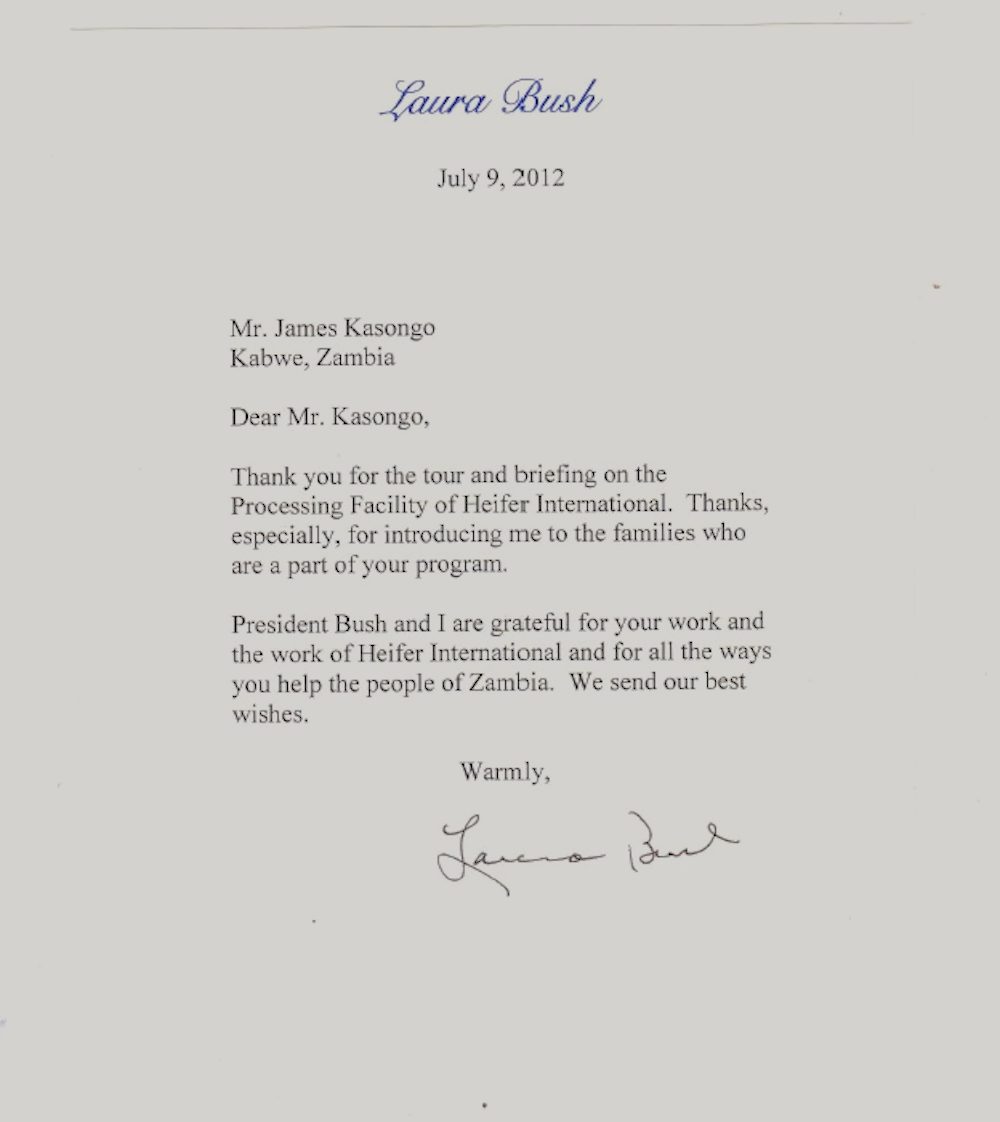 A gracious thank-you note from former First Lady Laura Bush to Heifer Zambia director James Kasongo.