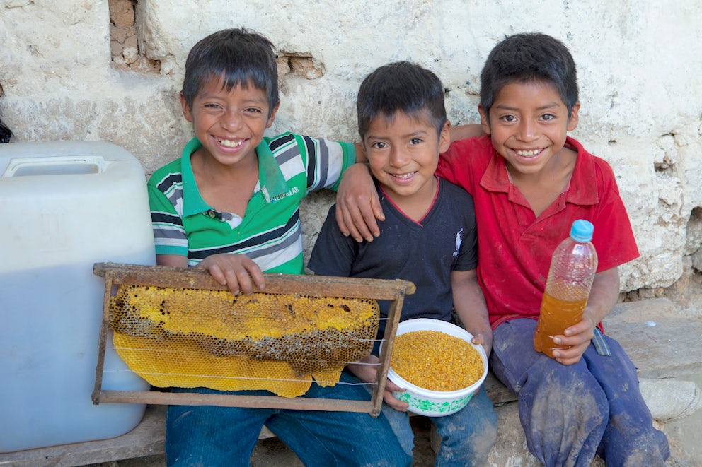 Three children in Honduras holding honeycombs and honey