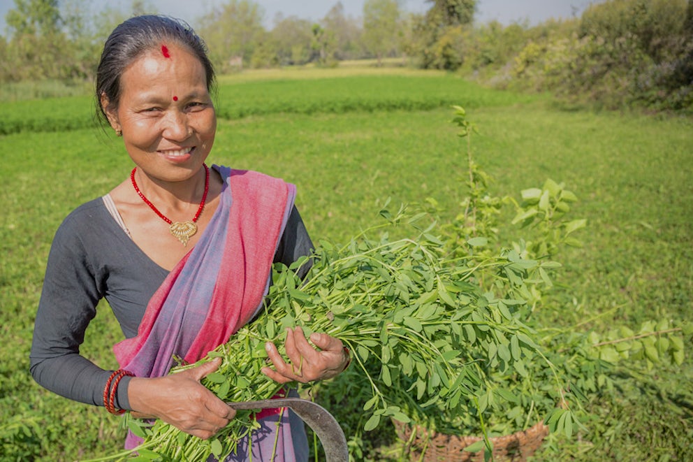 woman standing in a field holding her crop