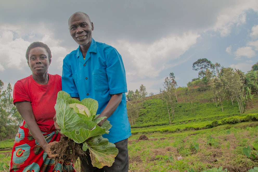 couple holds their cabbage that they grew in their field