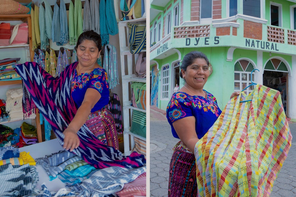 rosalinda holding her fabric in front of store that sells it