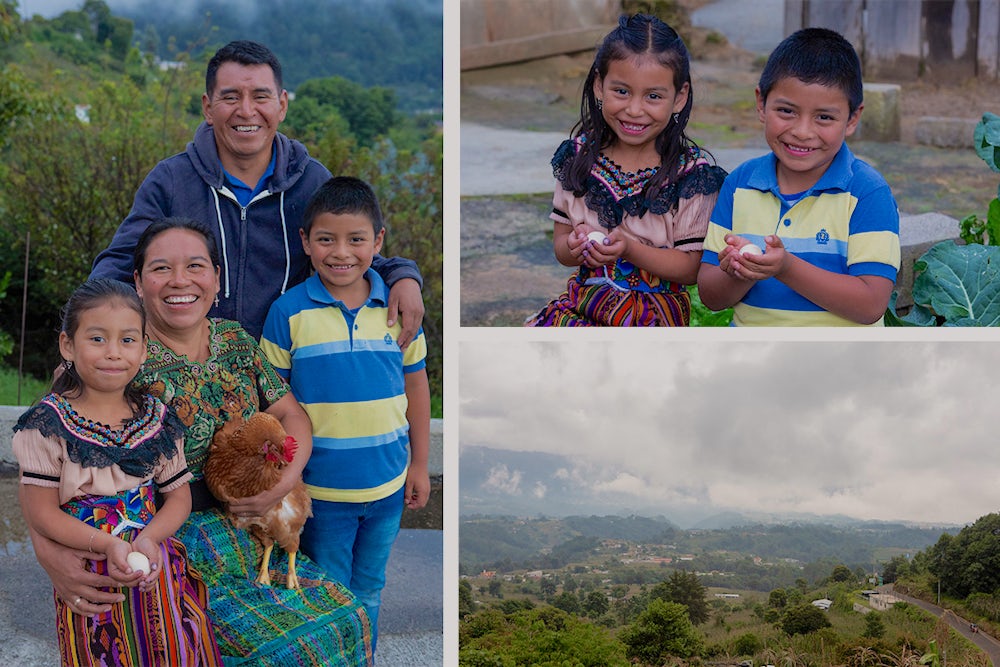 (Left) (left to right) Fatima Lucia, Juana Maria, Carlos Estuardo, and Juan Carlos. (Top right) Juan Carlos and his sister Fatima Lucia, hold chicken eggs. (Bottom right) The landscape around the home of Juana Maria Chavez in the Paraje Xepec village, Guatemala.