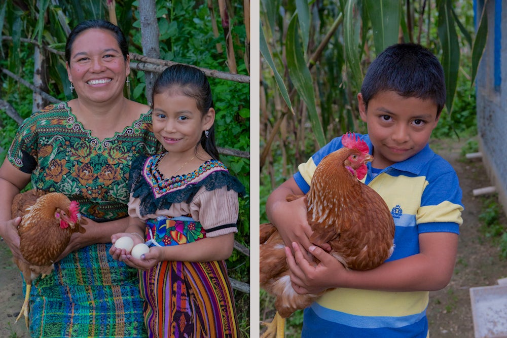 (Left) Juana Maria holds a chicken while her daughter Fatima Lucia holds some eggs. (Right) Juan Carlos holds one of his family's chickens.