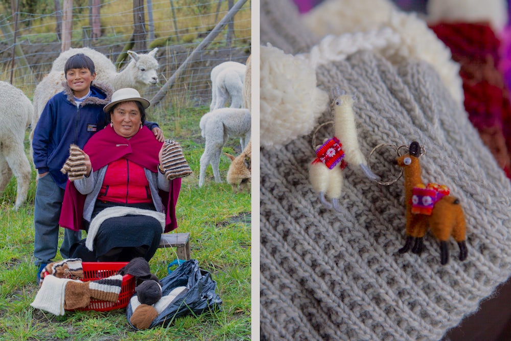 Two images in a collage. Maria and her grandson stand in a field on the left and a close up of the products Maria makes on the right.