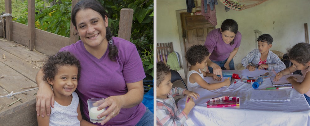 Aryeri给她的女儿Lucia一杯牛奶。Aryeri帮助Corlitos, Lucia, Aaron和Dariana学习