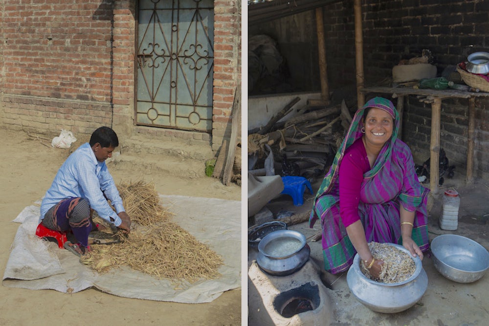 Sohorab cuts dried fodder outside his home. Suktara add ingredients to fodder for her goats.