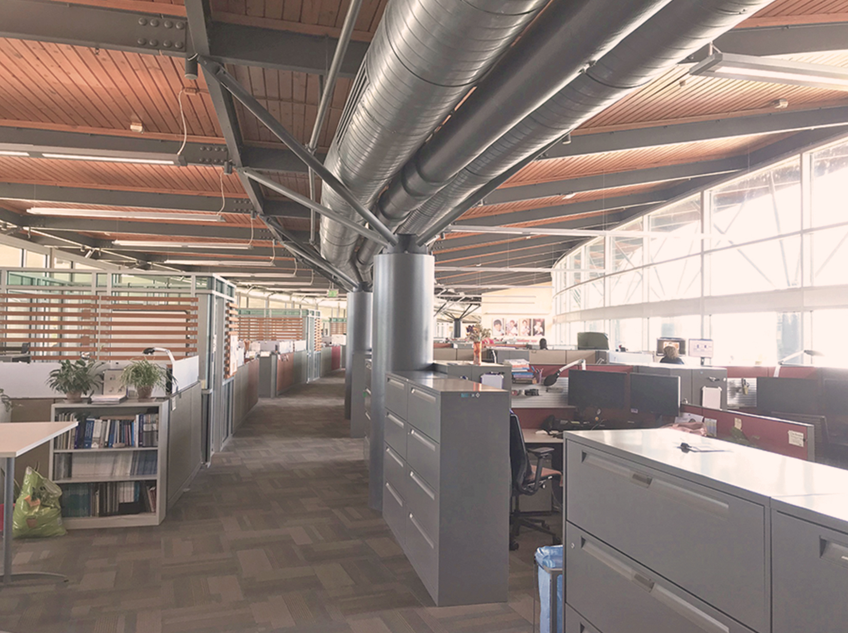 The works areas at Heifer Headquarters follow the curve of the building, which has exposed ceilings. This section has windows on the right with several rows of cubicles and filing cabinets that line the walkway.   