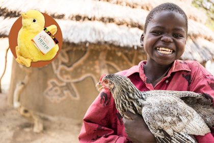 A child holds a hen