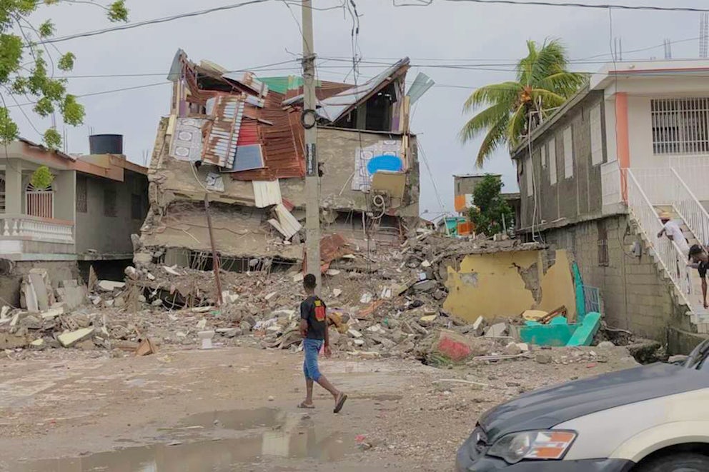 A building in Haiti reduced to rubble from the recent 7.2-magnitude earthquake.
