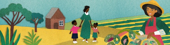 A drawing of a woman with her children and a woman farmer