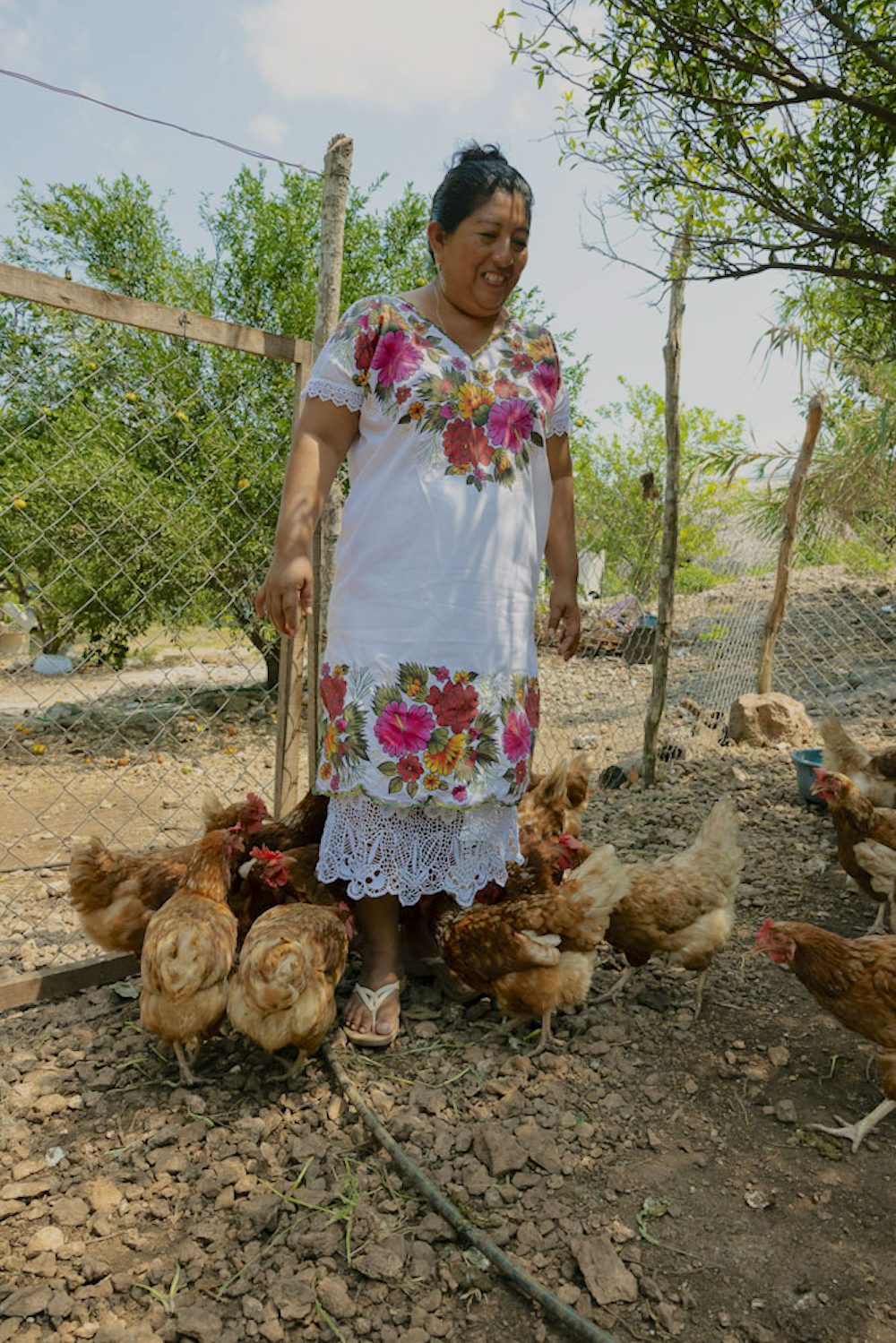 A Mexican woman stands at her farm with a flock of chickens at her feet. 