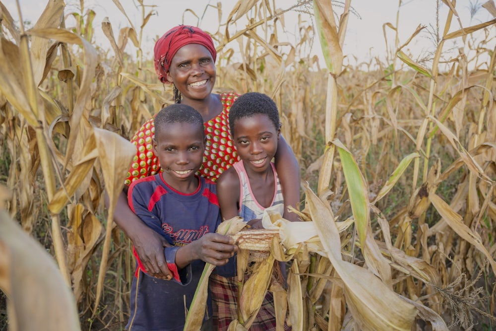 A mother and her two children stand together in a corn field.