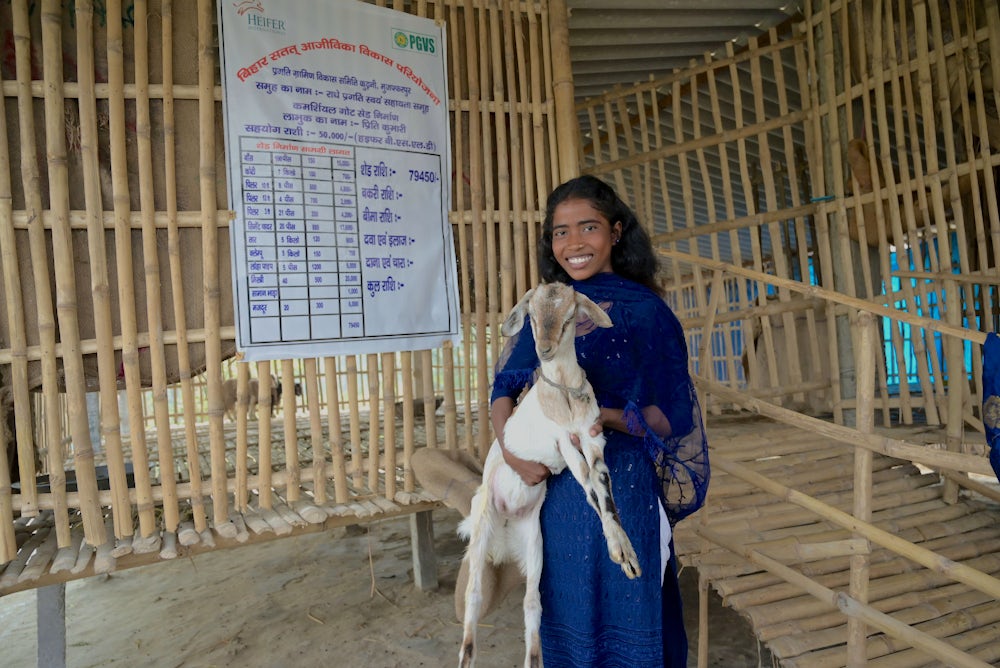 A woman holding a goat and standing in front of a newly constructed goat shelter.