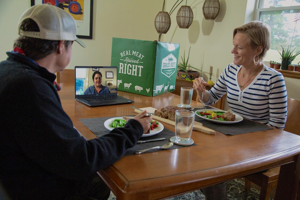 Liz Ellis (right) and Donna Kilpatrick (left) enjoy Mom's Meatloaf during a virtual dinner party with a friend.