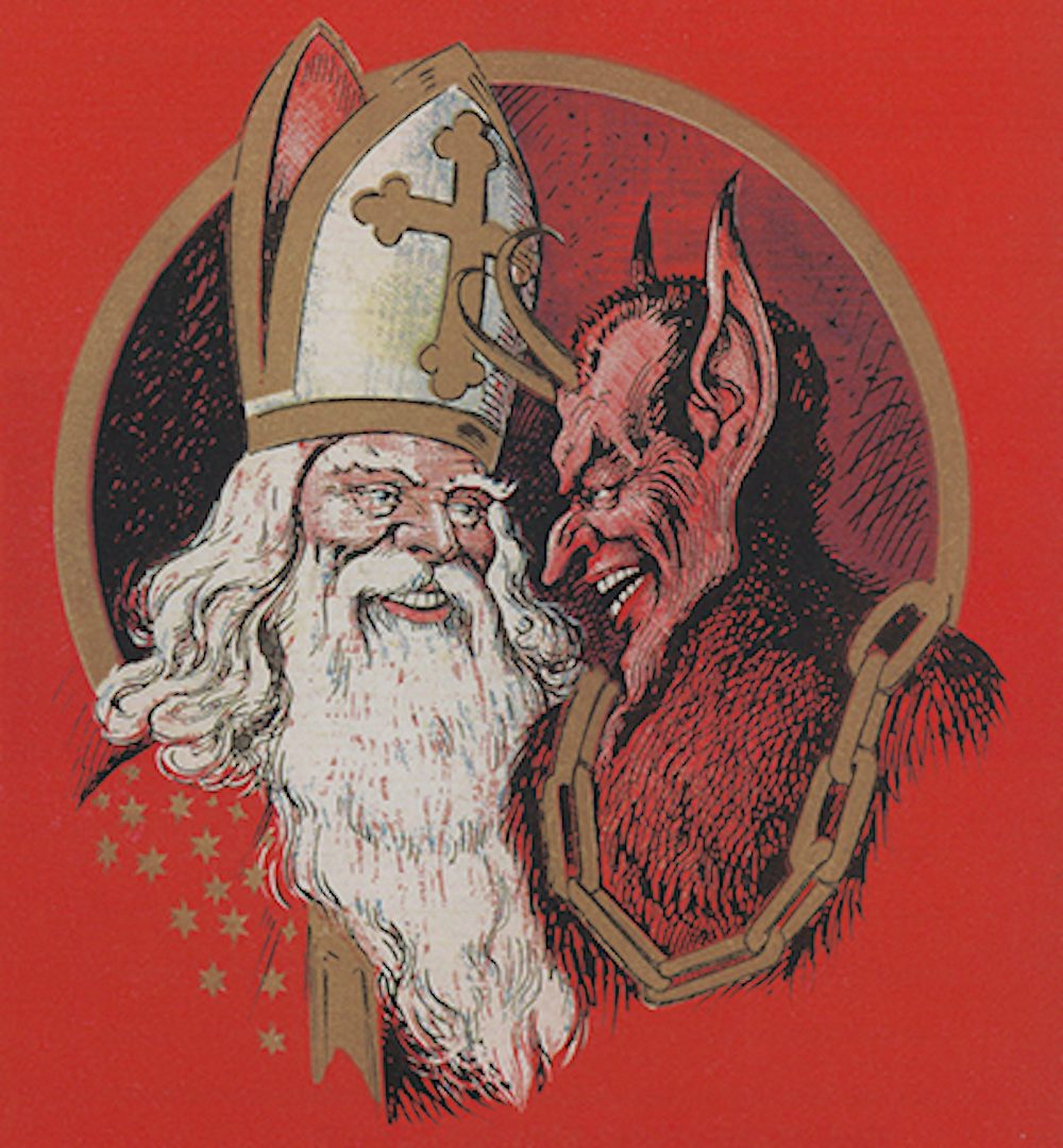 An illustration of Saint Nicholas and Krampus grinning at each other.