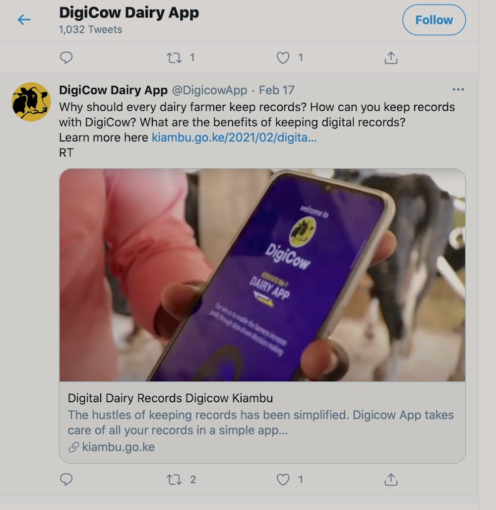 A screenshot of the DigiCow app twitter page