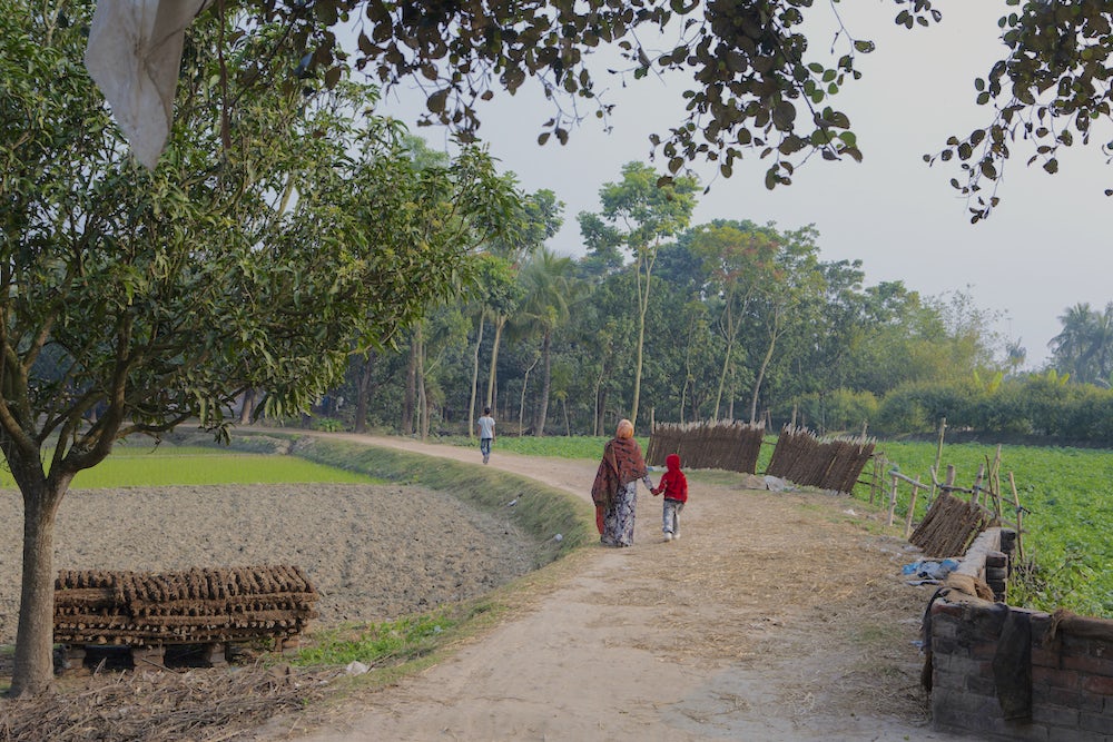 A woman and a small child walk down a dirt road away from the camera. The woman is wearing a bright red sari. 