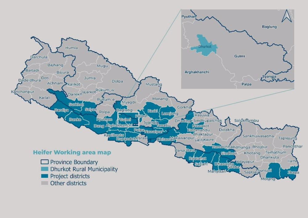 A map of Nepal highlighting the 24 municipalities in which this subsidy model has been implemented.