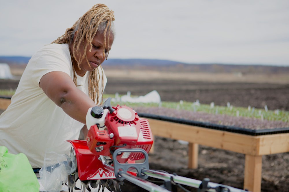 A woman farmer uses a tool to cut wood.