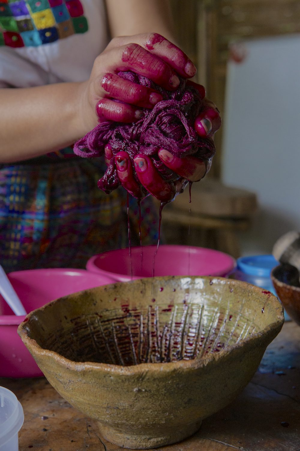 Close up of hands squeezing excess red carmine dye from a skein of cotton yarn