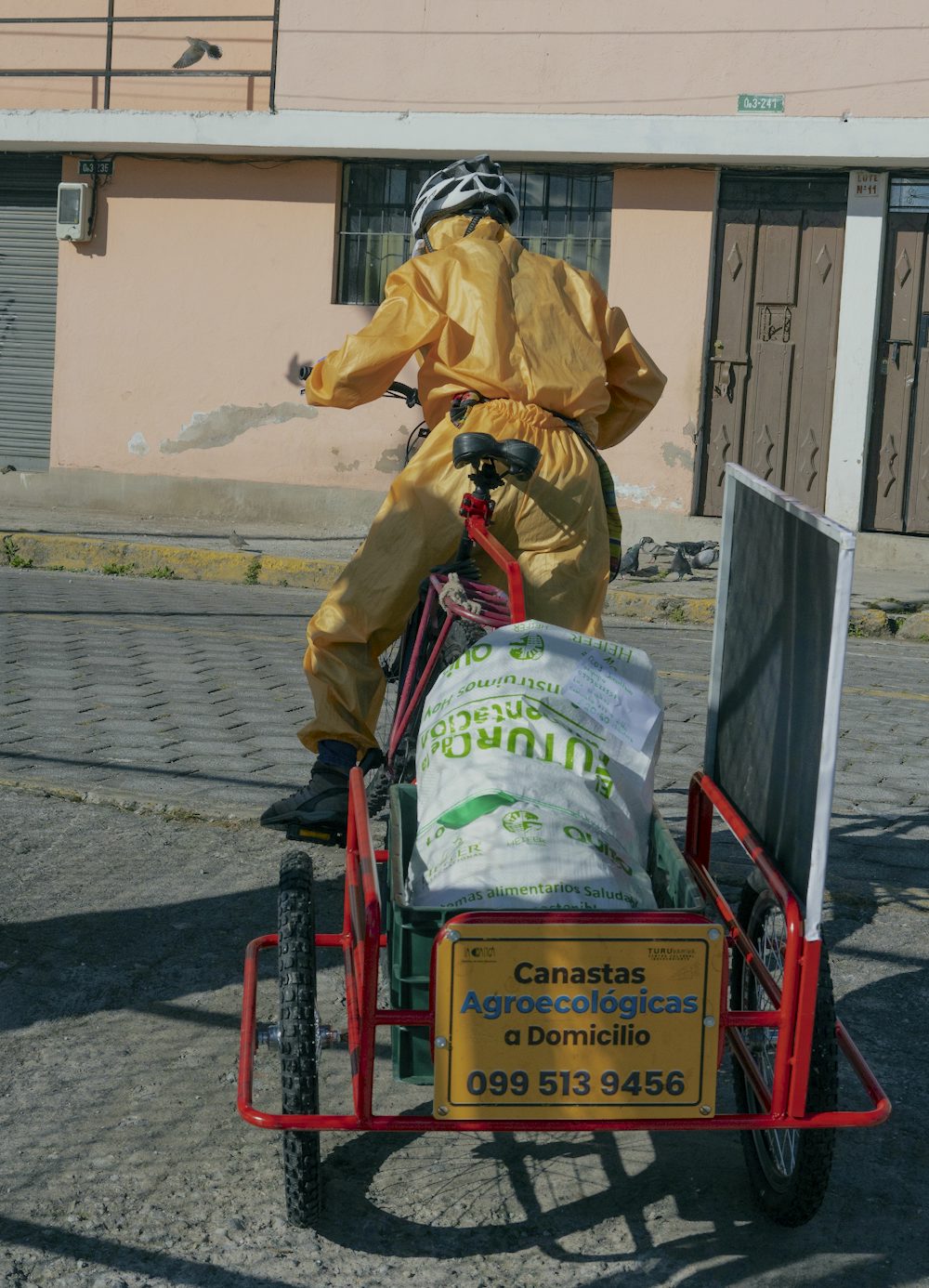A man in wearing protective equipment delivers bags of produce by bicycle.