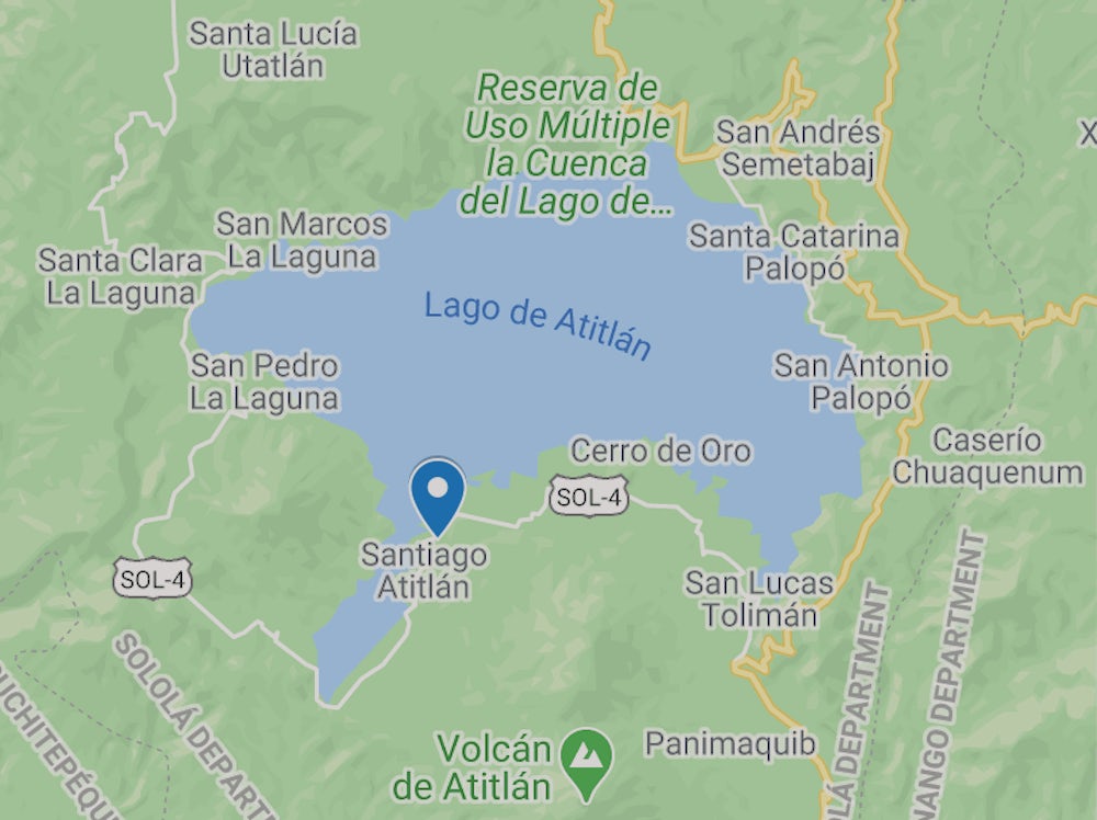 Santiago Atitlán (highlighted by a blue marker) was once the capital city of the Tz'ujil Maya people. Many Tz'ujil and other indigenous peoples still live in Santiago and in other towns around Lake Atitlán. Image courtesy of Google Maps.