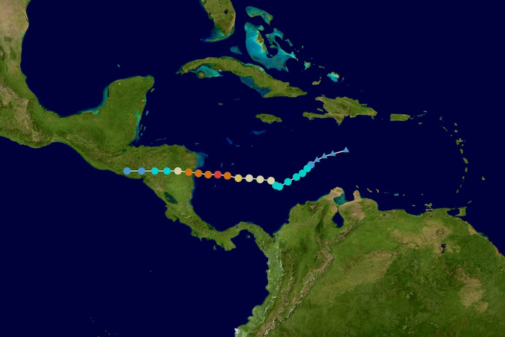 A map tracking the path of Hurricane Iota. Image by Fleur De Odile via Wikimedia Commons.