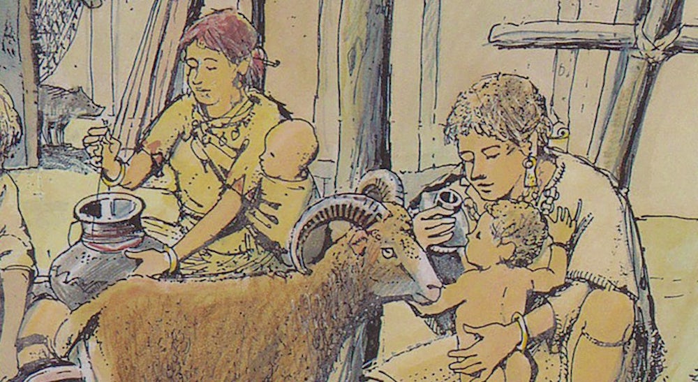 An illustration of a Bronze Age family scene, with a toddler drinking from a ceramic vessel.