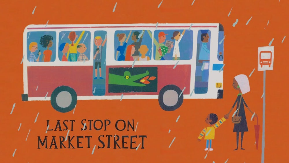 The cover of Last Stop on Market Street by Matt de la Peña and Christian Robinson, featuring main characters CJ and his grandmother about to board a bus full of people.